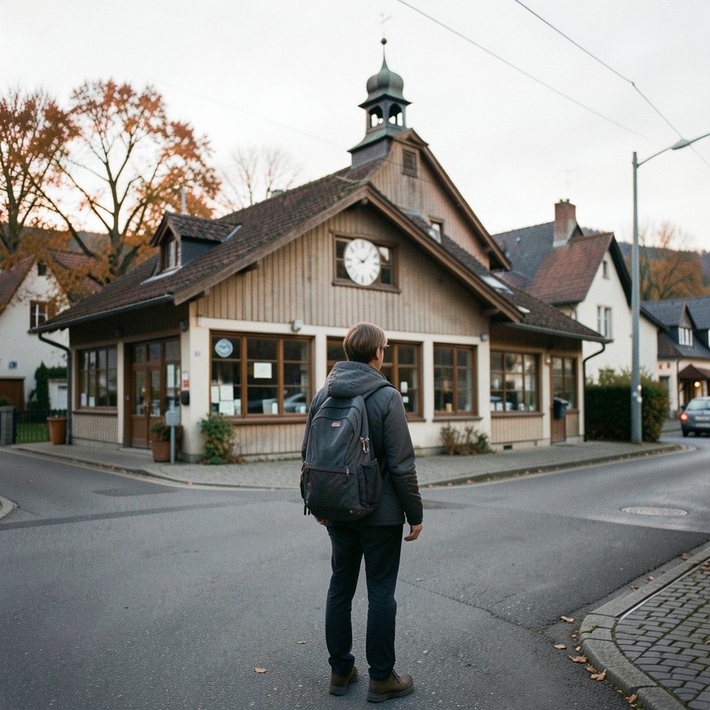 Person mit Rucksack vor einem Bahnhof in einer Kleinstadt