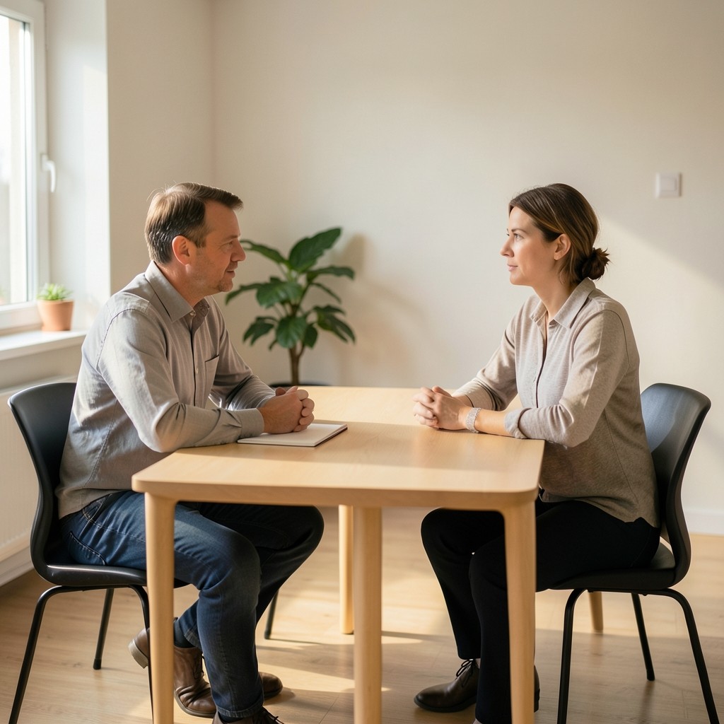 Zwei Personen im Gespräch an einem hellen Besprechungstisch